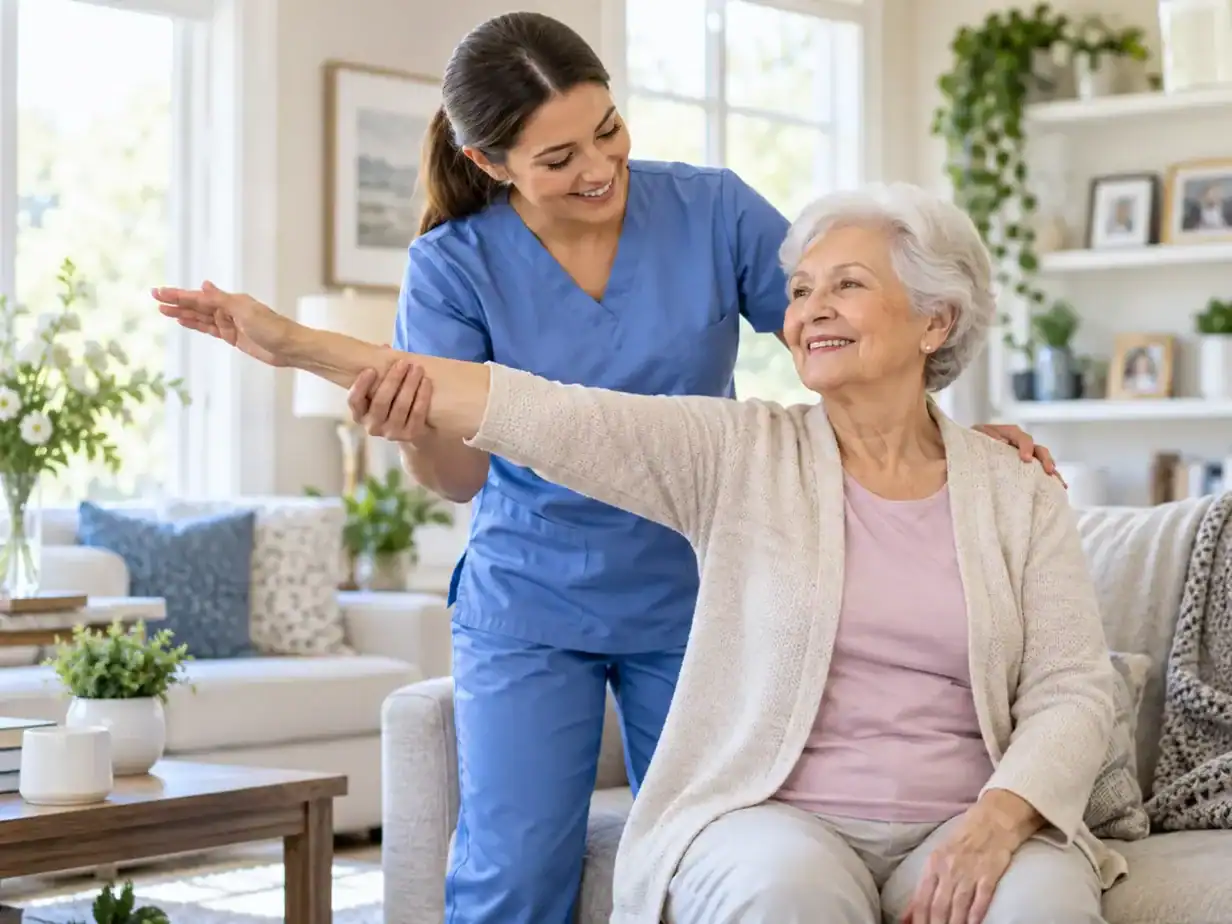 A care provider gently supports a senior woman's arm during light exercise at home in Palm Beach County