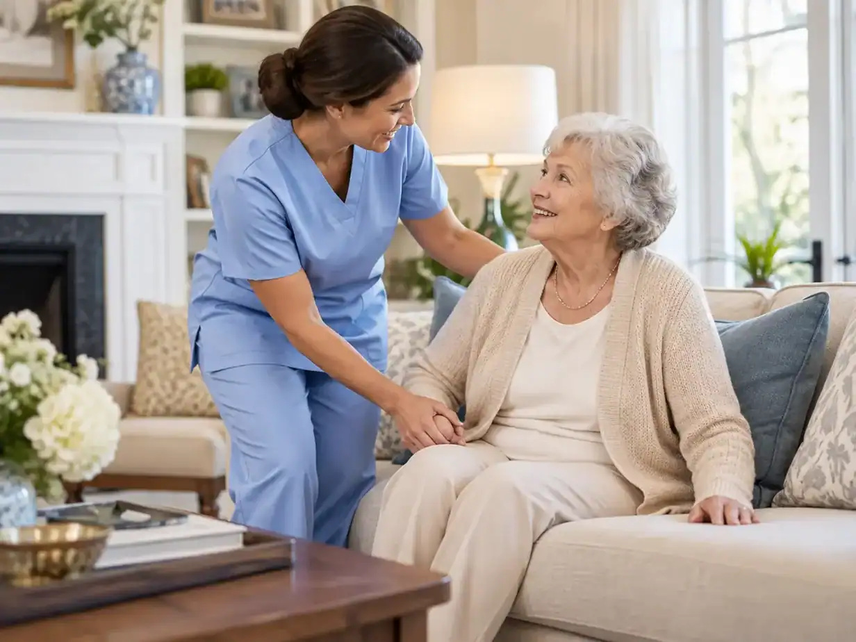 A care provider holds hands with a senior woman seated on her living-room sofa