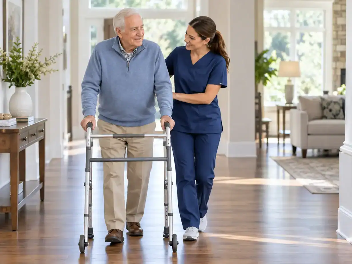 A care provider walks beside a senior man using a walker in his sunlit hallway