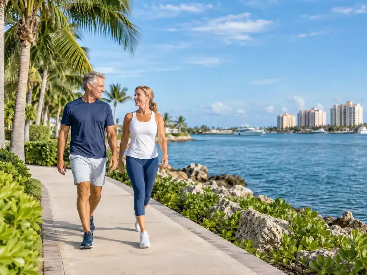 An active couple walks a palm-lined waterfront path in Palm Beach County