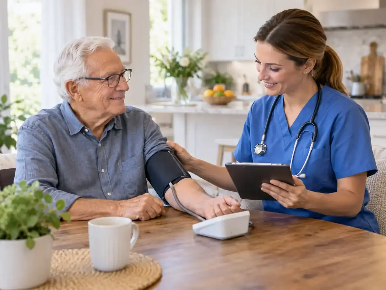 A nurse checks a senior man's blood pressure at his kitchen table